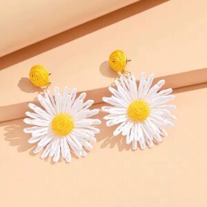 Daisy Earrings Boho Rattan Knit Handmade Summer Statement Earrings